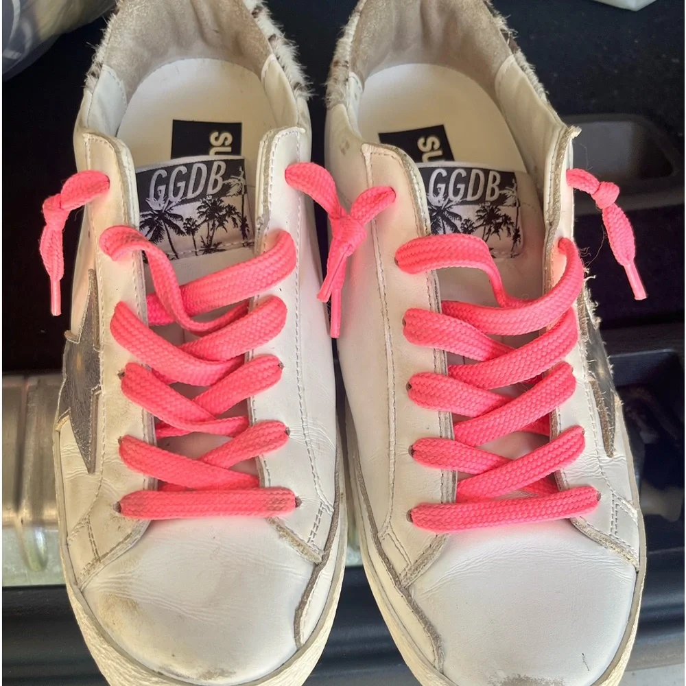 Golden Goose Leopard Print & White Sneakers with Pink Laces